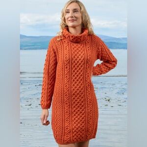 Cable Aran dress with cowl neck merino wool long sleeve orange L